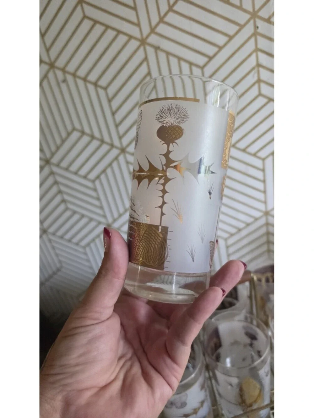 Vintage Midcentury Cutler Golden Meadow Butterfly Set of 8 Glasses With Caddy
